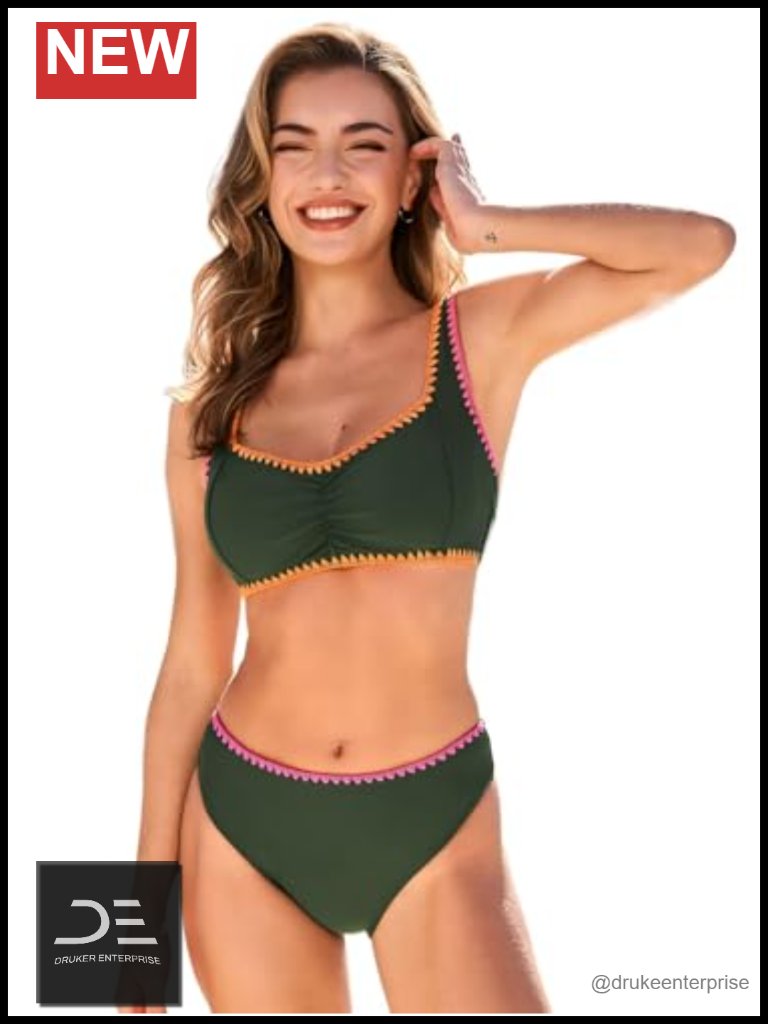 Women's Bikini Set Adjustable Wide Straps Shell Stitch V Neck Back Hook